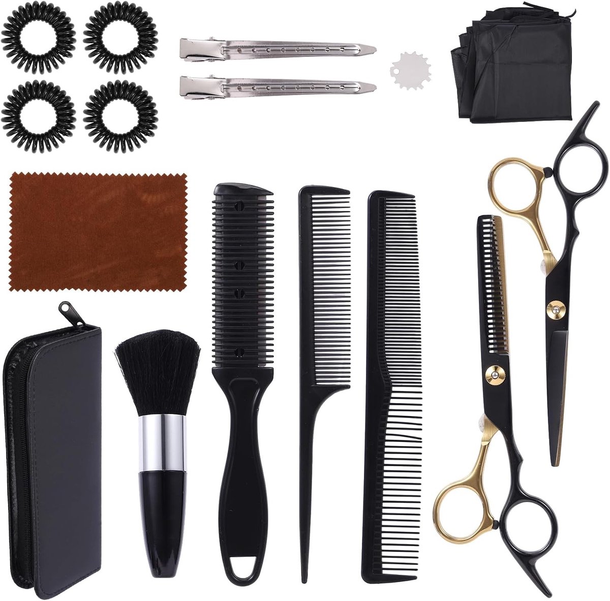 Professionele Kappersschaarset met 16 Stuks, Inclusief Haarknip- en Uitdunningsschaar, Kam, Clips, Borstel en Leren Etui voor Thuisgebruik en Salon, Geschikt voor Mannen, Vrouwen en Kinderen