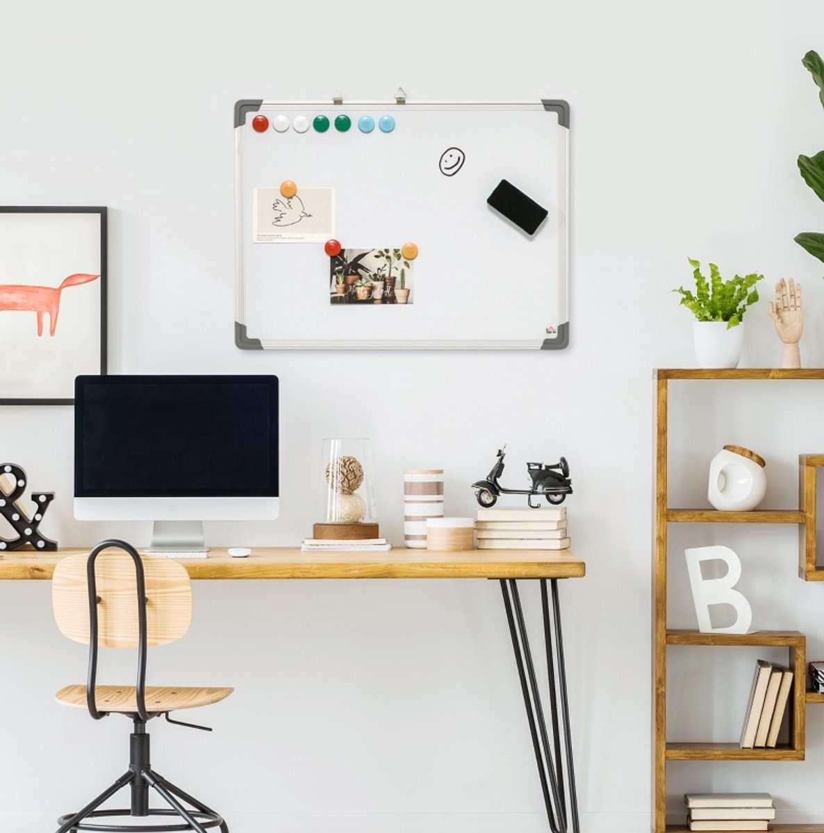 COVREO Whiteboard 60x45 cm wit, magnetisch met aluminium frame en set