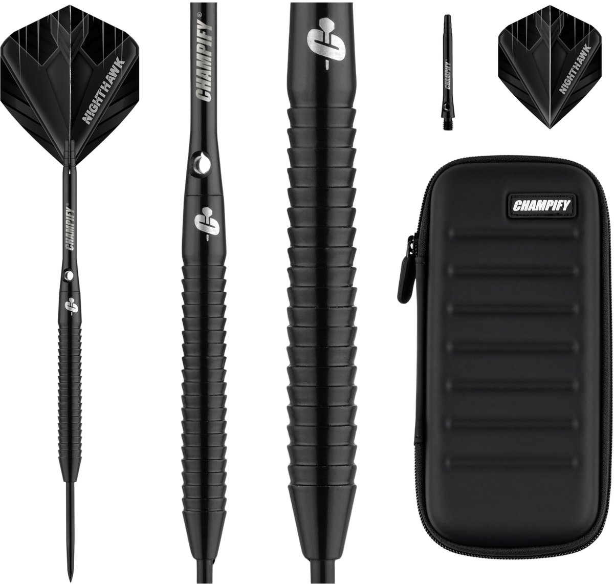 SnelShoppen - Champify 90% Wolfraam Darts Set "Nighthawk" met 23g Barrel, Zwart Darttasje, 3 Stalen Darts, 9 Aluminium Shafts en 9 Flights voor Feest