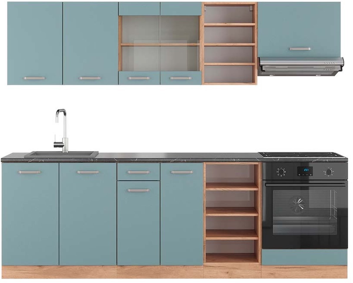 Vicco R-Line Complete keukeneenheid – 240 cm, WB Antraciet Blauw-grijs/gouden eik