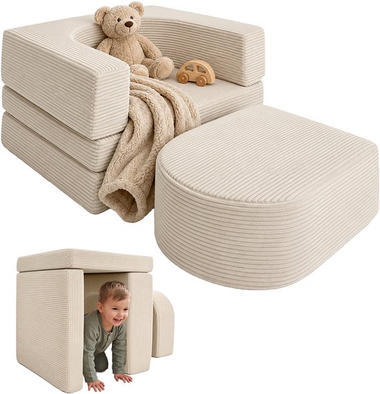 Fauteuil pour enfants en velours côtelé beige avec pouf, plus une maisonnette modulaire avec un enfant.