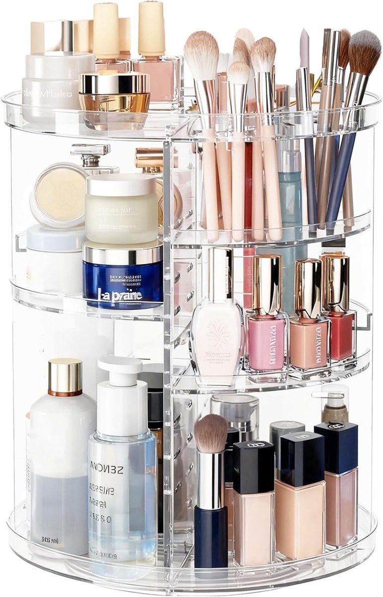 Draaibare make-uporganizer met grote capaciteit, verstelbare niveaus en transparant design voor cosmetica-opslag in slaapkamer en badkamer
