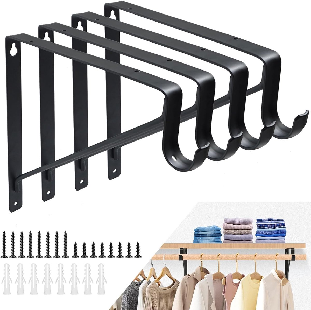 SnelShoppen - 4 Stuks Zware Wanddrager Zwart 275x275mm Poeder Coated Staal Driehoek Beugel met Haak voor Industrieel Loft Plank Houder 130kg Inclusief