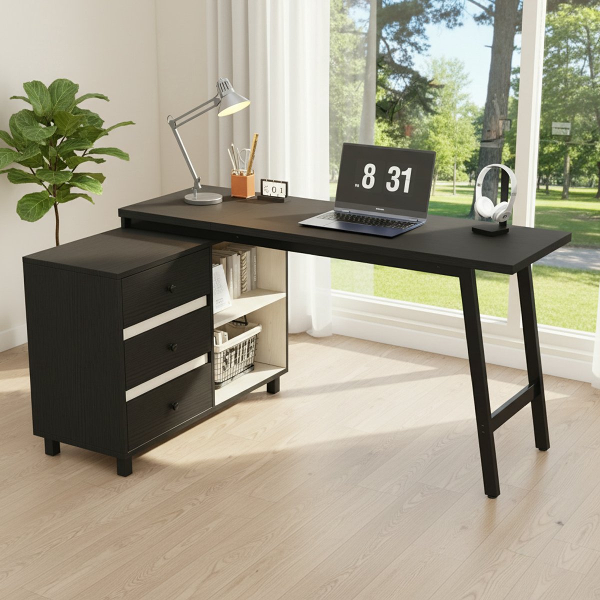 COVREO Bureau 150x100x76 cm zwart, MDF en metaal met 3 laden