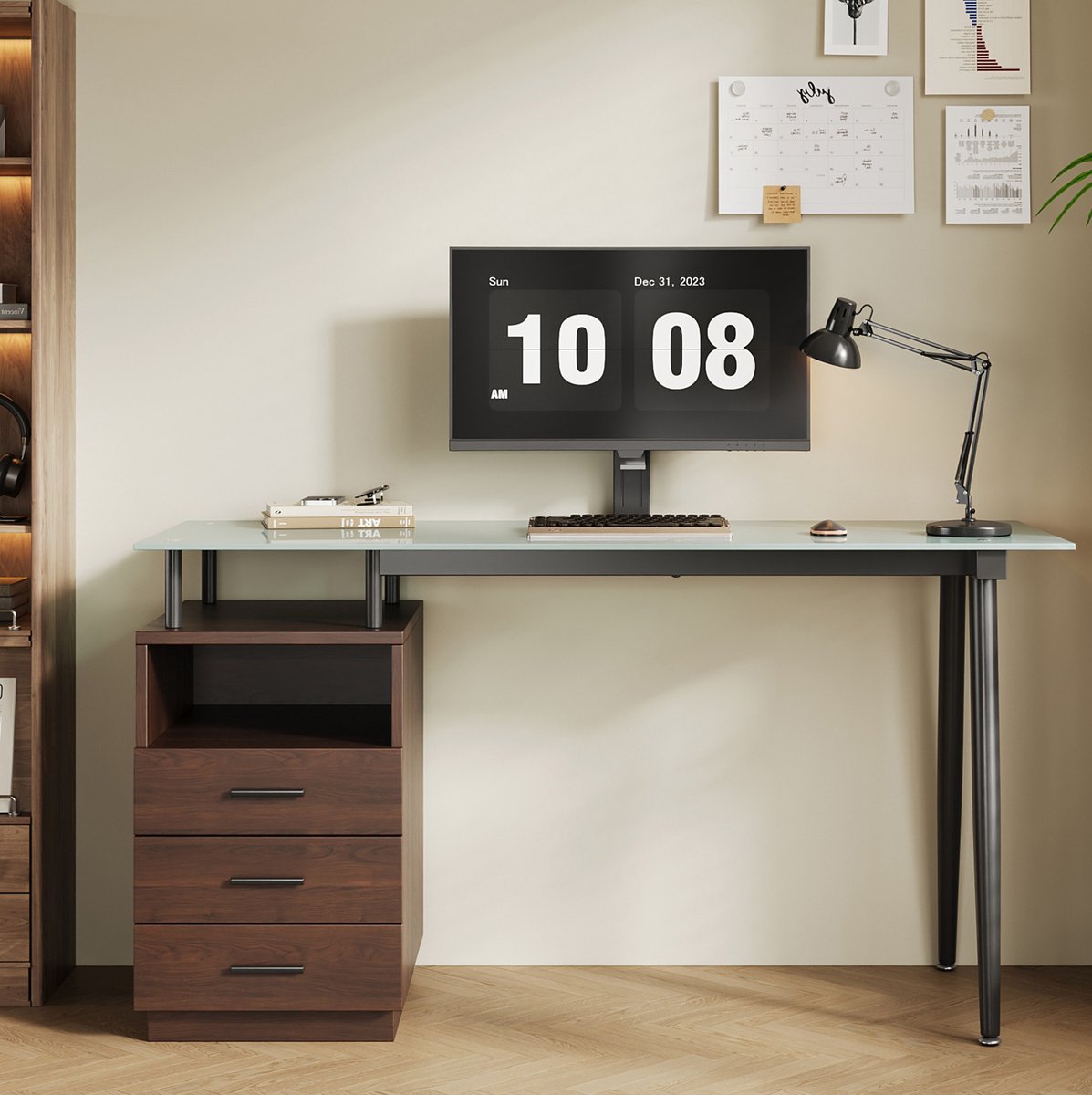 COVREO Bureau 130x50x75 cm bruin, glas en metaal met 3 lades