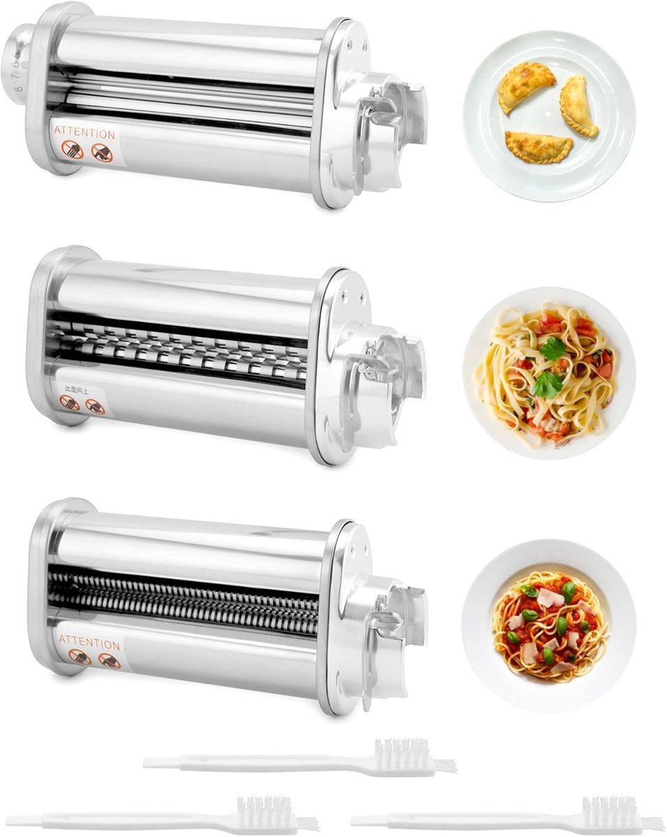Pastamaker Accessoires - Pastavelroller Snijder - Zelf Pasta Maken - Set van 3 Opzetstukken - 8 Dikte Instellingen - Zilver