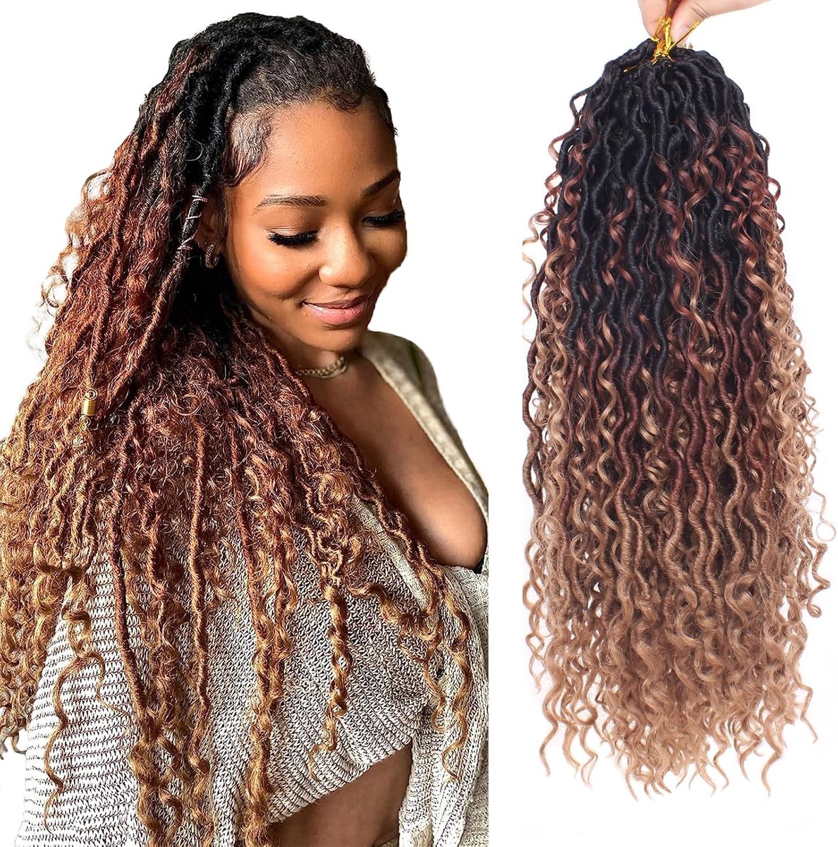 SnelShoppen - 18 Inch 8 Packs 3 Kleuren River Faux Locs Haarkap met Krullende Midden en Einden - 14 Strengen/Pack Pre-Buckle Rommelige Boheemse Faux L