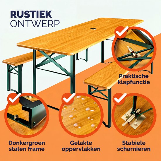 Houten biertafel met donkergroen metalen frame, gelakte oppervlakken en scharnieren.