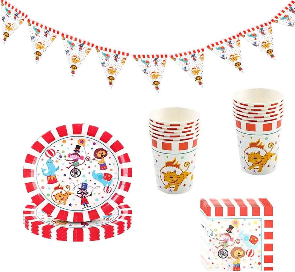 45 Piece Theme Party Dinnerware Set, Birthday Theme Tableware, Circus Dinnerware Set, Red and White Stripes Circus - ShopVlot