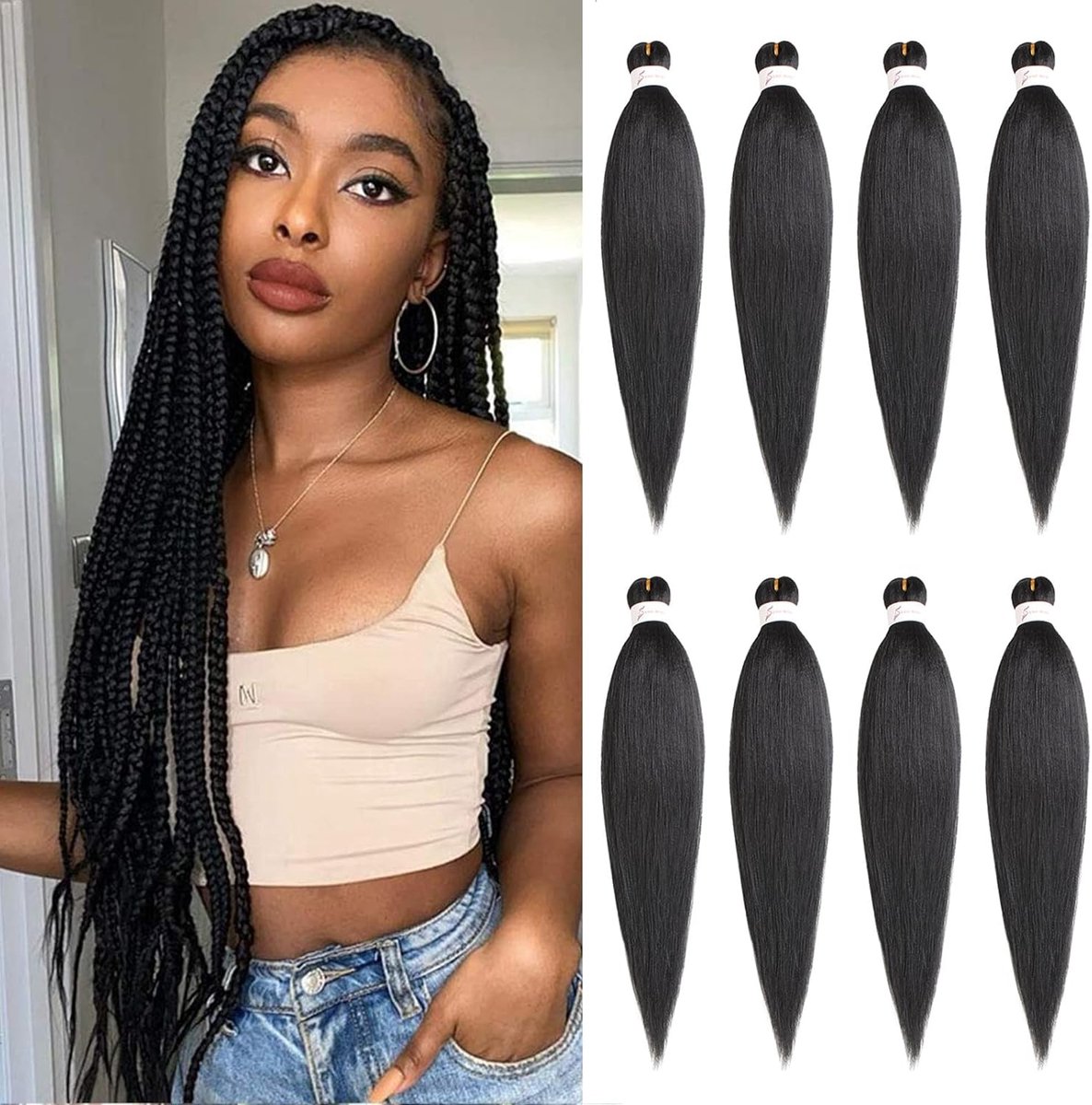 SnelShoppen - 26 Inch EZ Braid Haarextensions 8 Packs Zwart Lang Voorgevormd Vlecht Haar Yaki Textuur Voor Haak Vlechten Warm Water Instelling