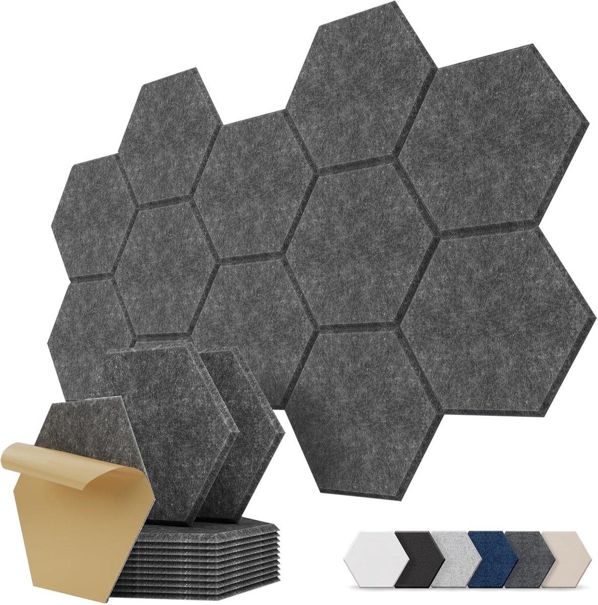 SnelShoppen - Zelfklevende Akoestische Panelen 12 Stuks Zeshoekig Geluidsabsorberend voor Wand, Plafond en Deur, Vermindert Echo in Thuisbioscoop en G