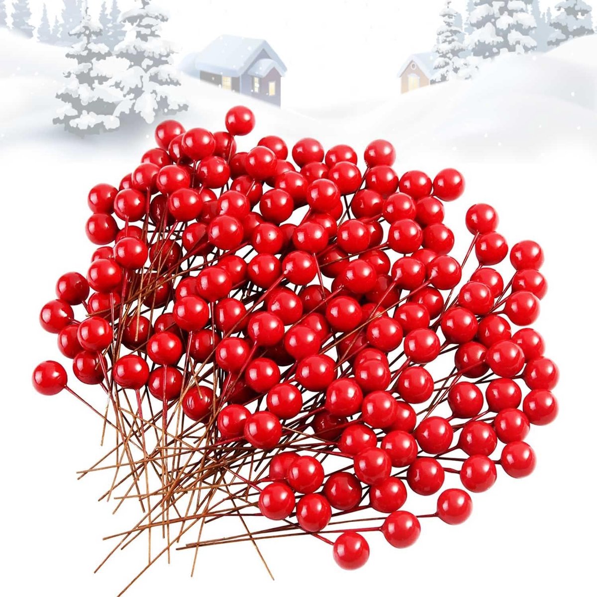 SnelShoppen - 300 Stuks Mini Rode Hulst Bessen Kunstmatige Bessen Decoratie voor Kerstkrans, Feestdecoratie, Kerstknutselen, Cadeauversiering (Rood)