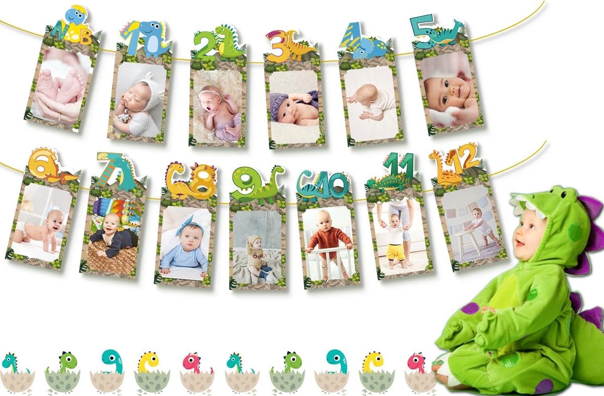 Dinosaurussen eerste verjaardag versieringen - 1-12 maanden foto banner - duurzame materialen - ShopVlot