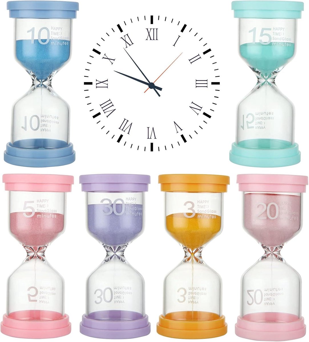 SnelShoppen - 6-delige Zandloper Set voor Kinderen, Kleurige Zandlopers voor Keuken, Kantoor, Thuisdecoratie, Stijlvolle Macaron Kleuren, Duurzaam Gla