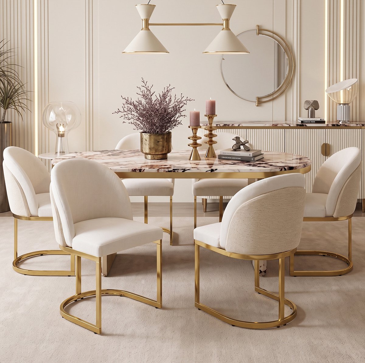 MIVRAY Eetkamerstoel Set van 4 - Gekromde Rugleuning en Gestoffeerde Zitting - Voor Eetkamer en Woonkamer - Chenille Beige Goud