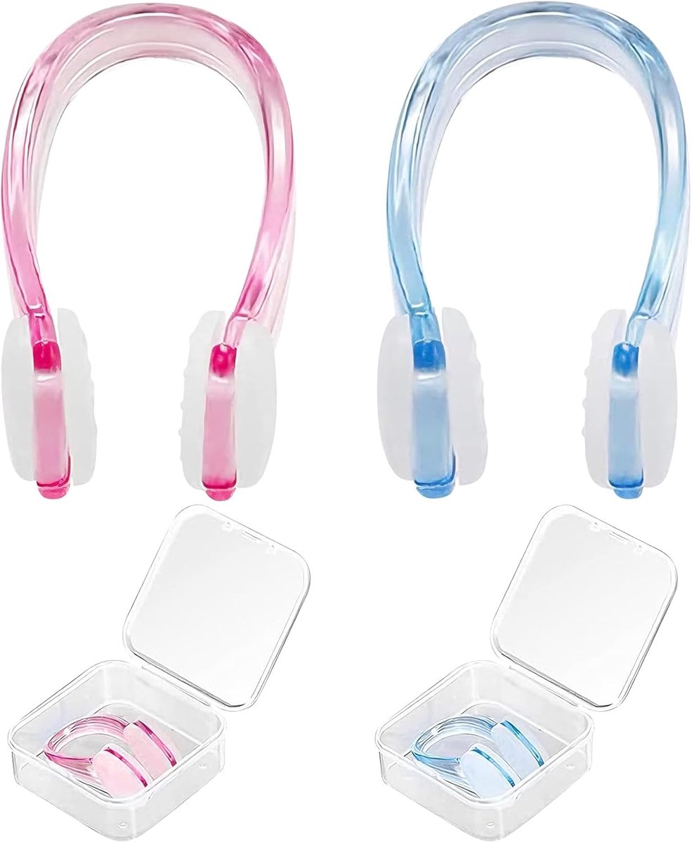 Neusclip zwemmen, 2 stuks siliconen neusklemmen met opbergdoos, antislip neusklem, waterdichte neusclips voor volwassenen, kinderen, zwemmen, vrijduikers, beginners (blauw, roze)