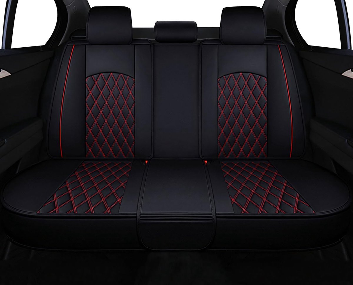 Autostoelbekleding voor achterbank, autostoelhoezen, PU-leer, universeel, gedeeld, compatibel met de meeste limousines en SUV's (zwart-rood)
