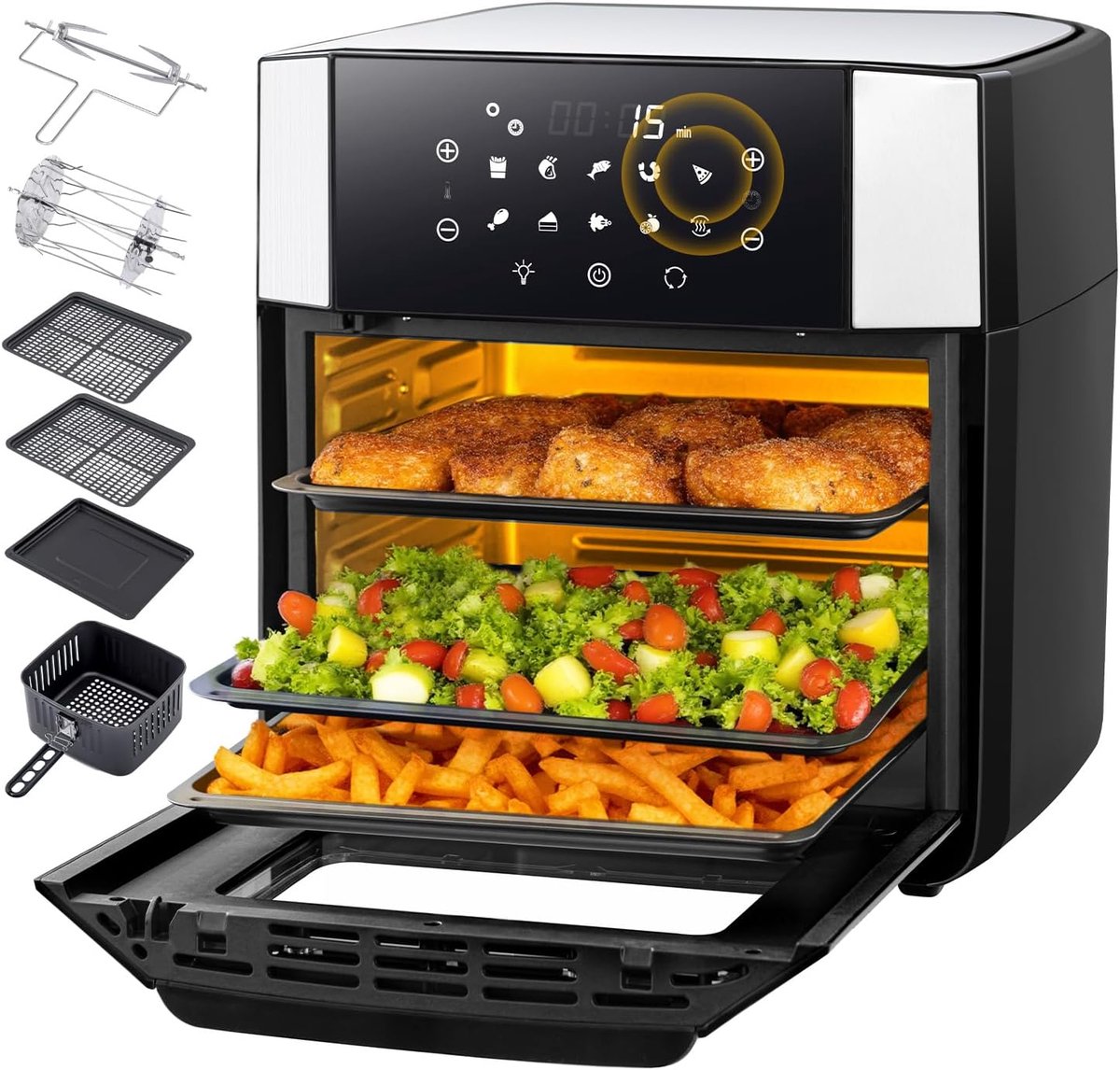 Heteluchtfriteuse, 15 liter, heteluchtoven, 90% minder olie, Air Fryer XXL, 1800 W, 10-in-1 mini-oven met convectie draaifunctie, airfryer met touchscreen, 7 accessoires, van roestvrij staal, zwart