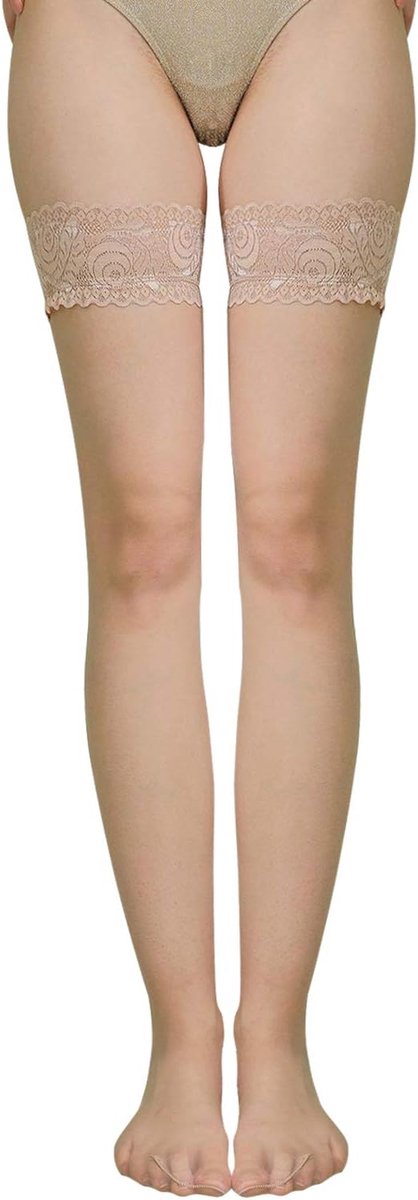 2503 Sexy dameskousen, 20 denier, met kanten tailleband (5-8 cm), stay up nylon kousen, Enkele verpakking huid, S/M