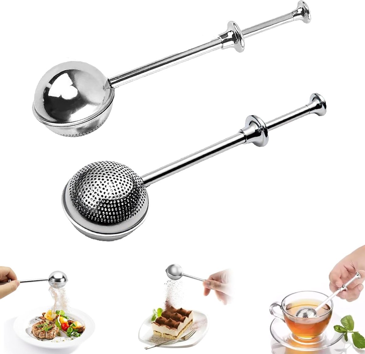 2 stuks theetang voor echte thee, 304 theebollen, thee-ei van roestvrij staal met lange steel voor thee in slak, suiker, meel, specerijen, poeder van de kruiden, kruiden