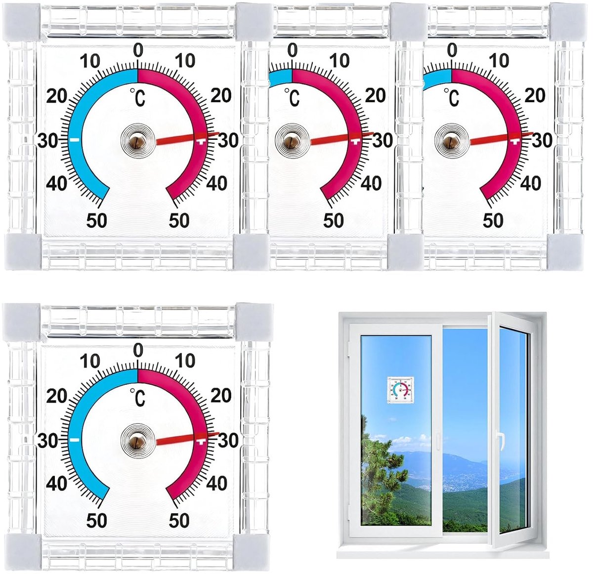 4-pack weerbestendig buitenthermometer, + - 50°C buitenthermometer, zelfklevend raamthermometer, transparant koelkastthermometer analoog, thermometer voor buiten ramen en deuren