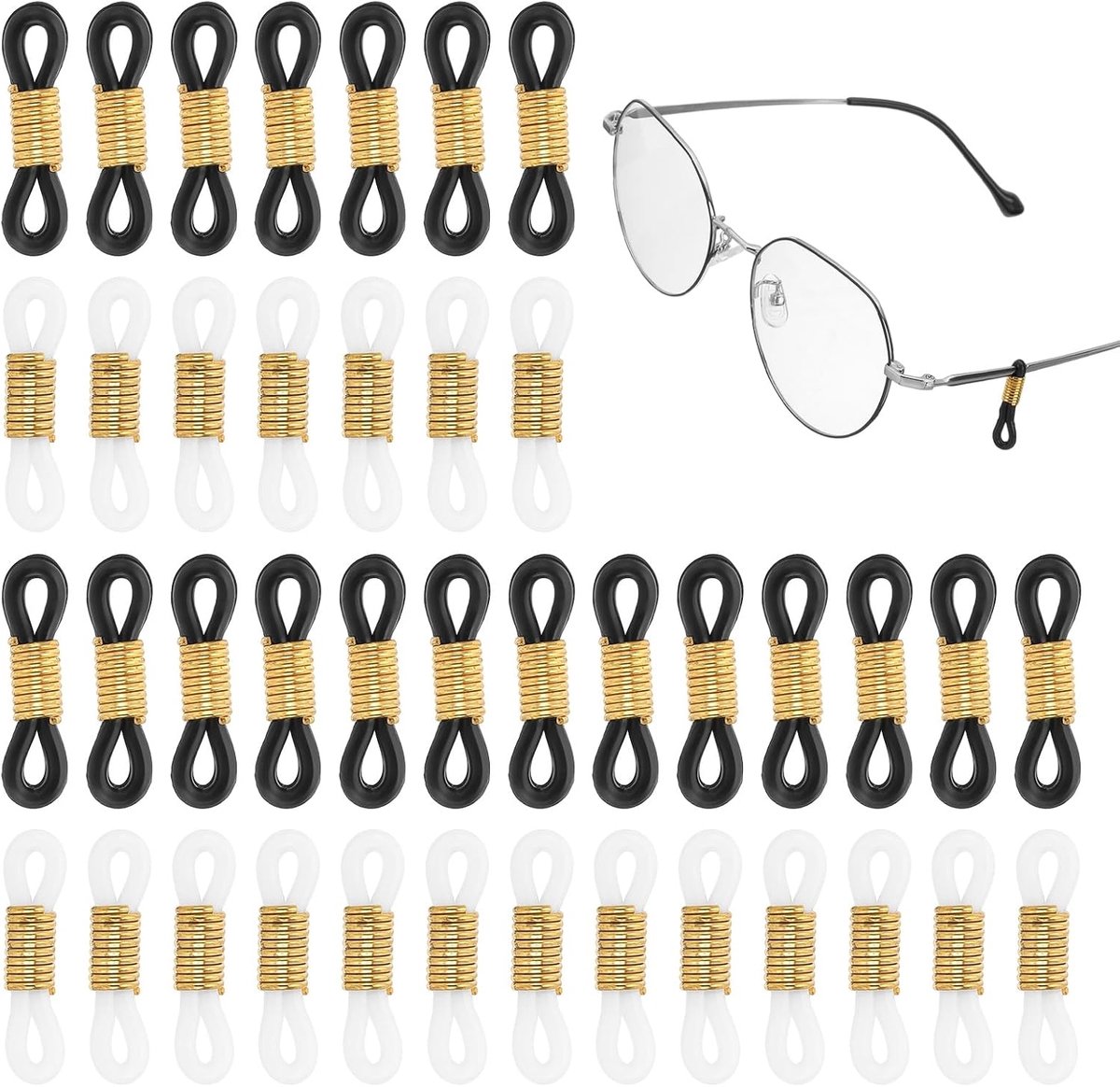 Lenzenvloeistof Kettingverbinder, verpakking van 50 verstelbare antislip siliconen rubberen bandhouder, ketting eindlus voor dames en heren, zonnebril, goud (lange metalen veer)
