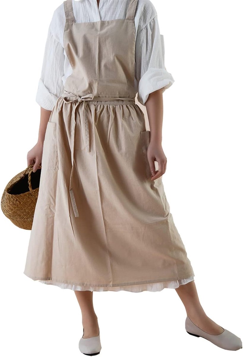 Katoen Effen Kleur Overgooier met Zakken Cross Back Bandjes Casual Bib Schorten Mannen Vrouwen Ronde Rok Jurk voor Koken Tuinieren Coffee Shop