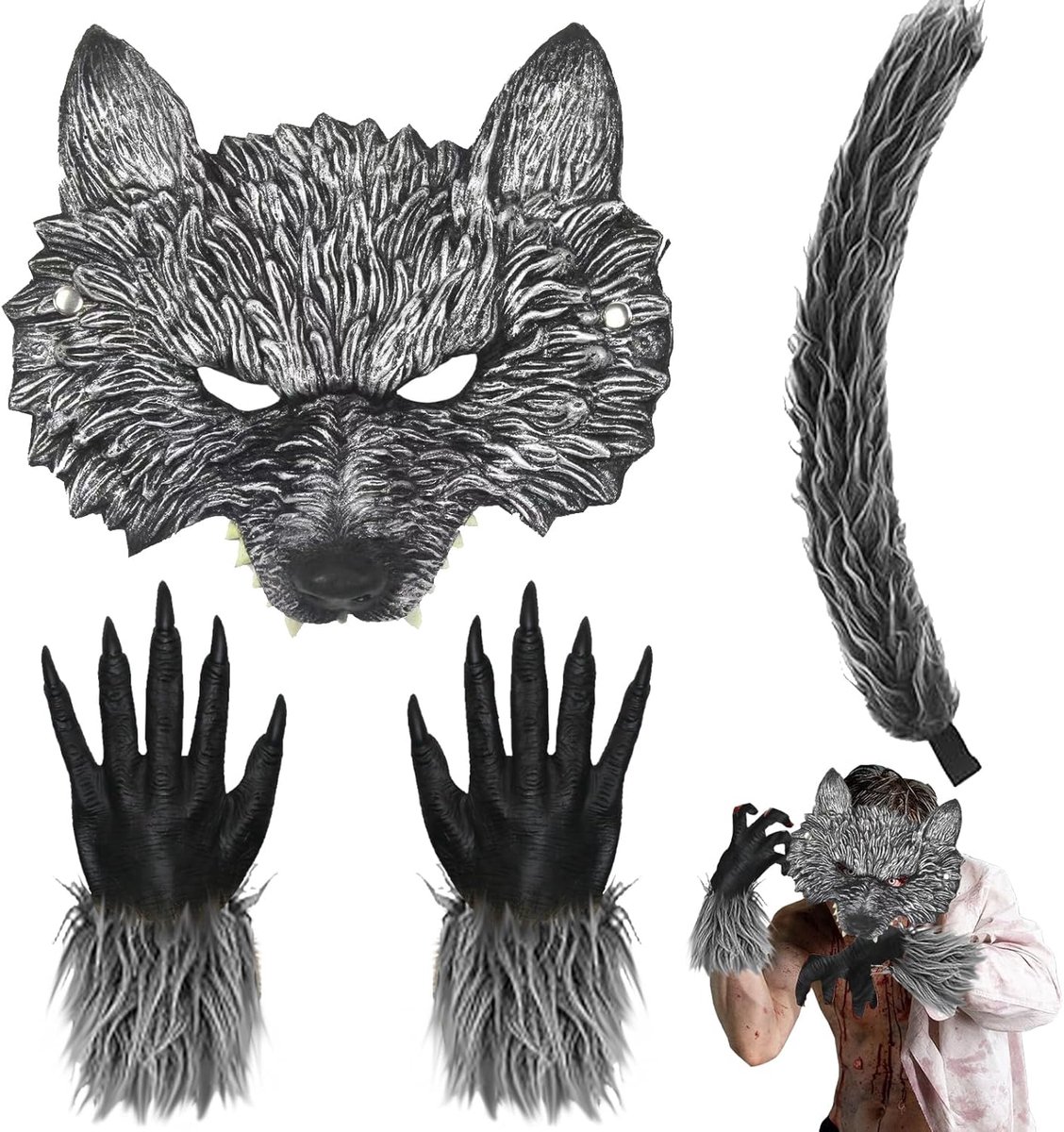 4-delige Weerwolfmasker Set, Weerwolfmasker Carnaval Set, Inclusief Maskers, Handschoenen en een Wolfsstaart, Halloween Weerwolf Verkleedpak voor Volwassenen en Kinderen