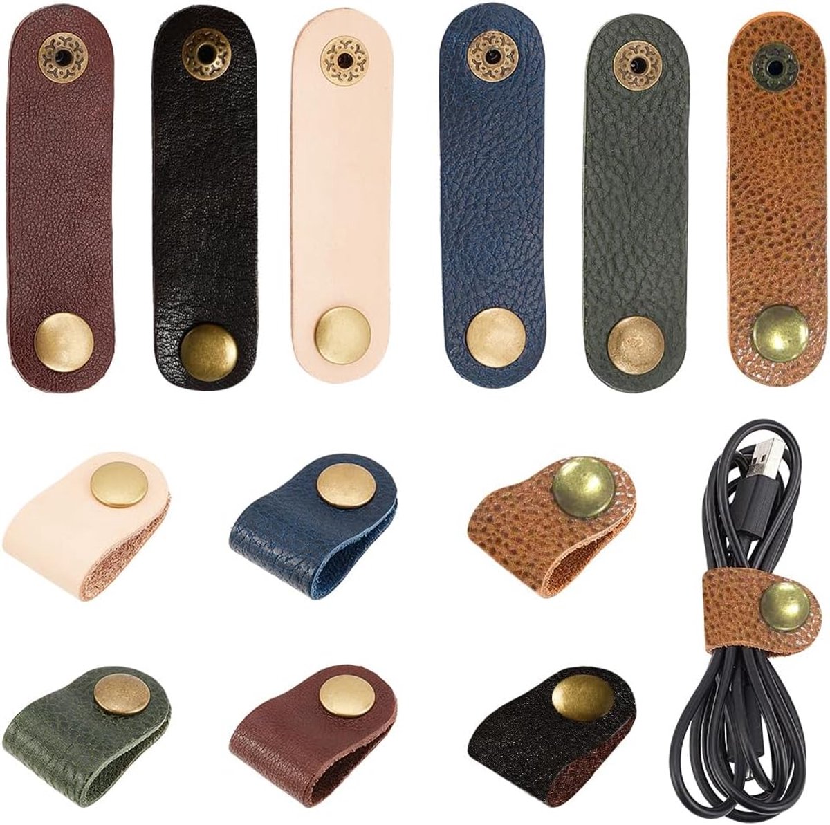 12 stuks lederen kabelriemen, 6 kleuren snoerbeheerhouder met drukknop, draagbare oortelefoon kabelbinder, snoerwikkelhouder, snoerorganizer voor reizen, thuis, school en werk