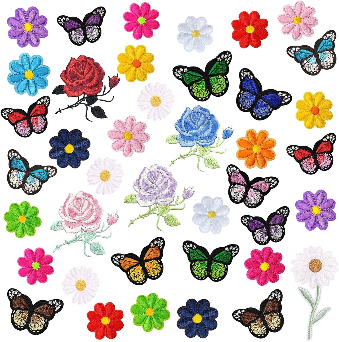 40 Stuks Patches om op te Strijken, Bloemen en Vlinders Strijkpatches, Schattige Geborduurde Patches Opstrijkbare Patch Bloemen Applicatie Patch voor Kleding Hoeden Jeans Rugzakken