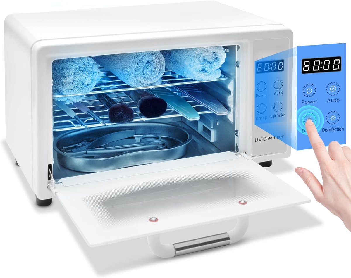 10L efficiënte uv-sterilisator: sterilisator voor nagelgereedschap met drogerfunctie - constante temperatuur 75°C heteluchtsterilisator - 160W autoclaaf sterilisator voor instrumenten - wit