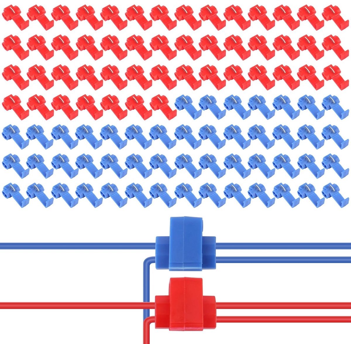 100 stuks stroomdief auto, rood, blauw, snelverbinding, voor 0,5-2,5 mm² kabels | Aftakconnector auto, vertind koper, goede geleiding, veiligheidsinstructies, voor draden, leidingen, voor verlichting