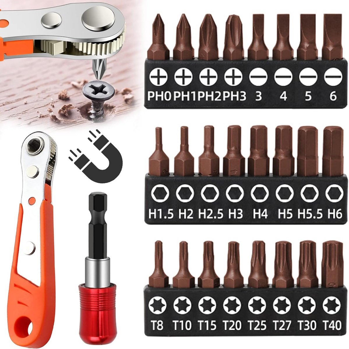 26-Delige Mini-Ratelsleutelset - 1/4 Inch Magnetische Offset-Ratelsleutel Met 24 Verschillende Schroevendraaierbits