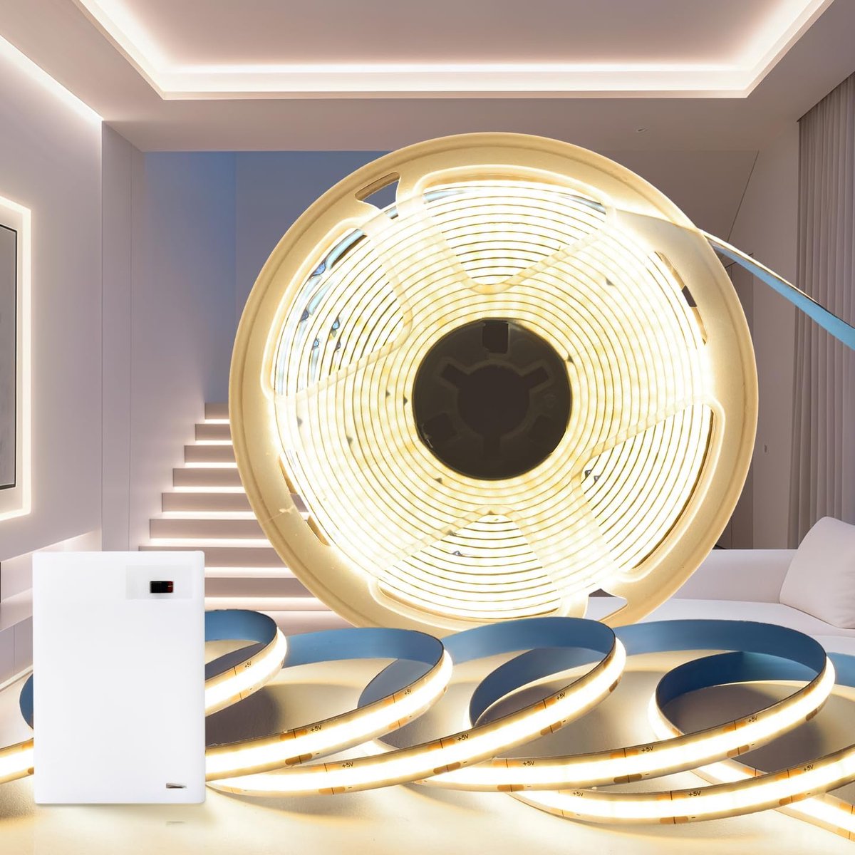 SnelShoppen - LED Strip met Batterij, 1 m, Warm Wit 3000 K, 320 LEDs/m, Zelfklevend, Flexibele DIY Verlichting voor Thuis, Keuken, Slaapkamer, Kasten,