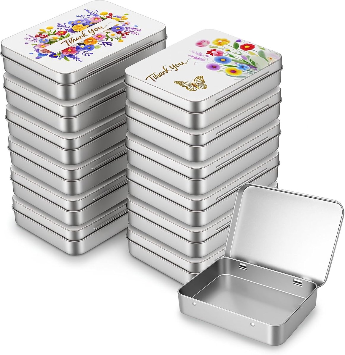 12 stuks lege rechthoekige zilveren metalen blikken opslag organizer geschenkdozen met dank u en bloemen afbeelding patroon op het deksel, 11,5 x 8,5 x 2,2 cm