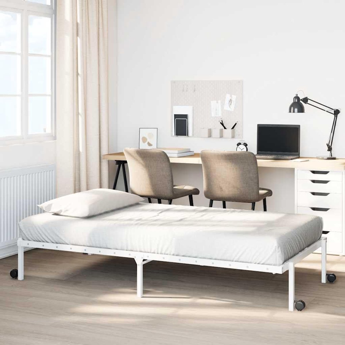 Opklapbaar Bedframe - Stalen Bedbodem - Ruimte Besparen - Met Wielen - 90 x 190 cm - Wit