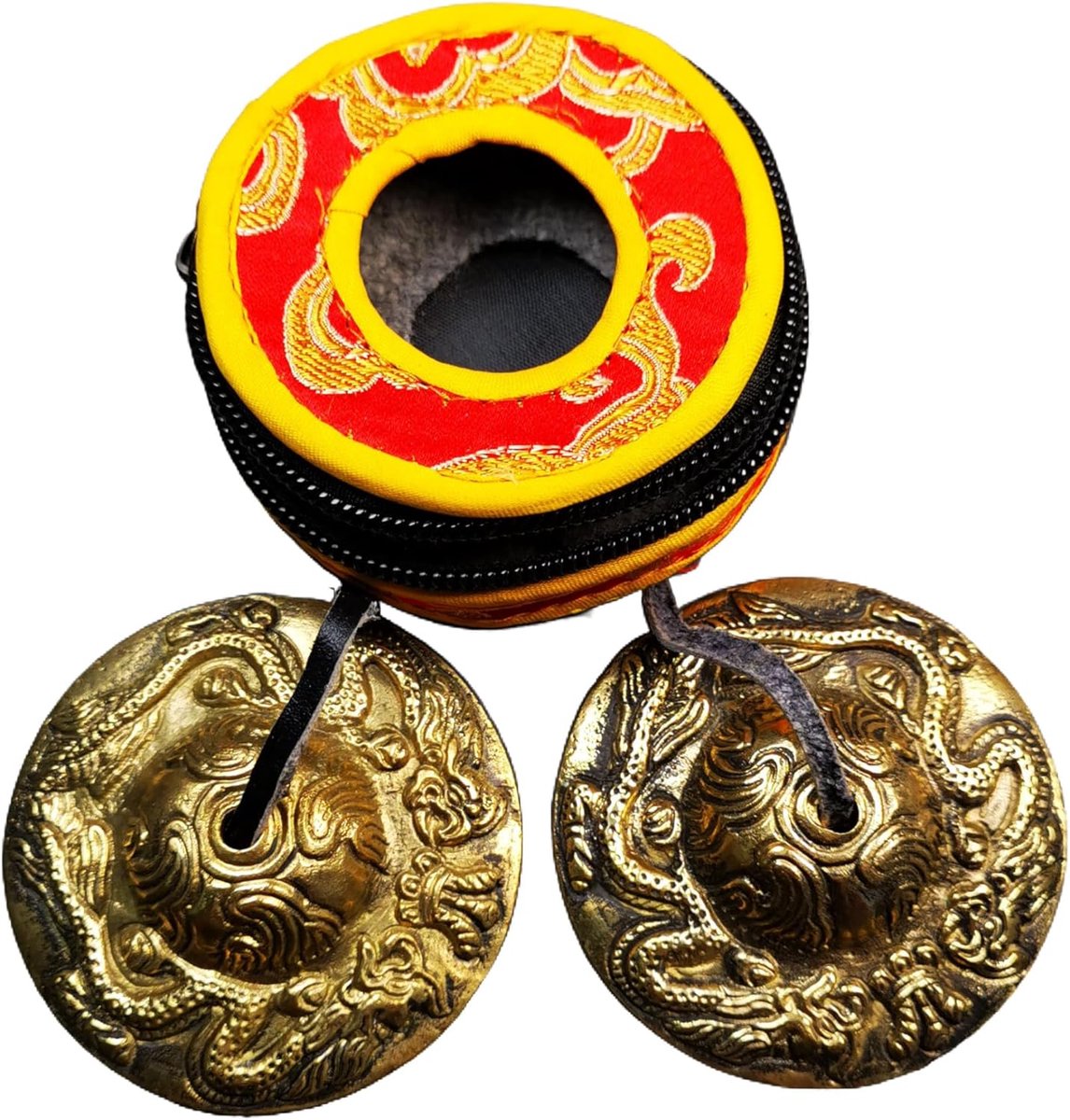 Tingsha Bell Set - Tibetaanse bekkens - voor genezing van geluid, yoga, meditatie en mindfulness, handgemaakt in Nepal, gemaakt van messing, drakenpatroon, 6,5 cm