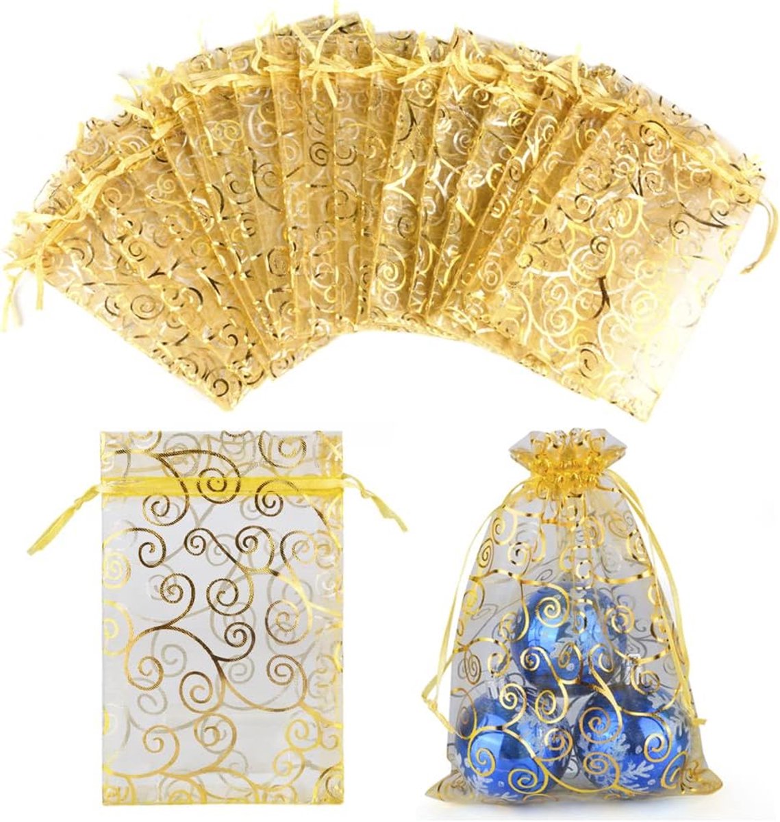 100stk Organza zakjes 15x20cm Organzazakje Sieradenzakje Bruiloftszakjes Cadeauzakjes Lavendelzakjes voor Snoep, Sieraden,Verjaardag, Doop, Feest,Bruiloft Decoratie Goud
