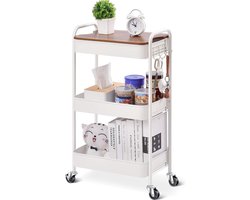 kingrack 3-Tier Rolling Cart, Metalen Utility Cart met Afneembare Houten Tray Top, Opslag Craft Art Cart Trolley Organizer Serveerwagen Eenvoudige Montage Wit
