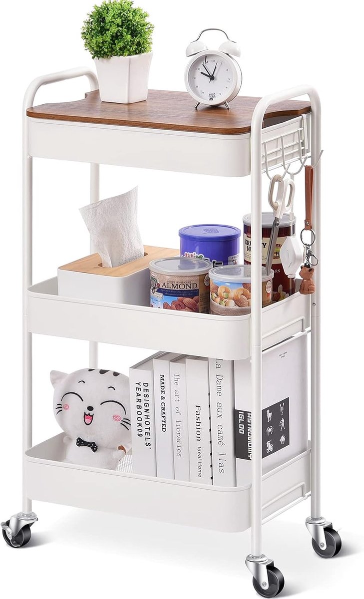 kingrack 3-Tier Rolling Cart, Metalen Utility Cart met Afneembare Houten Tray Top, Opslag Craft Art Cart Trolley Organizer Serveerwagen Eenvoudige Montage Wit