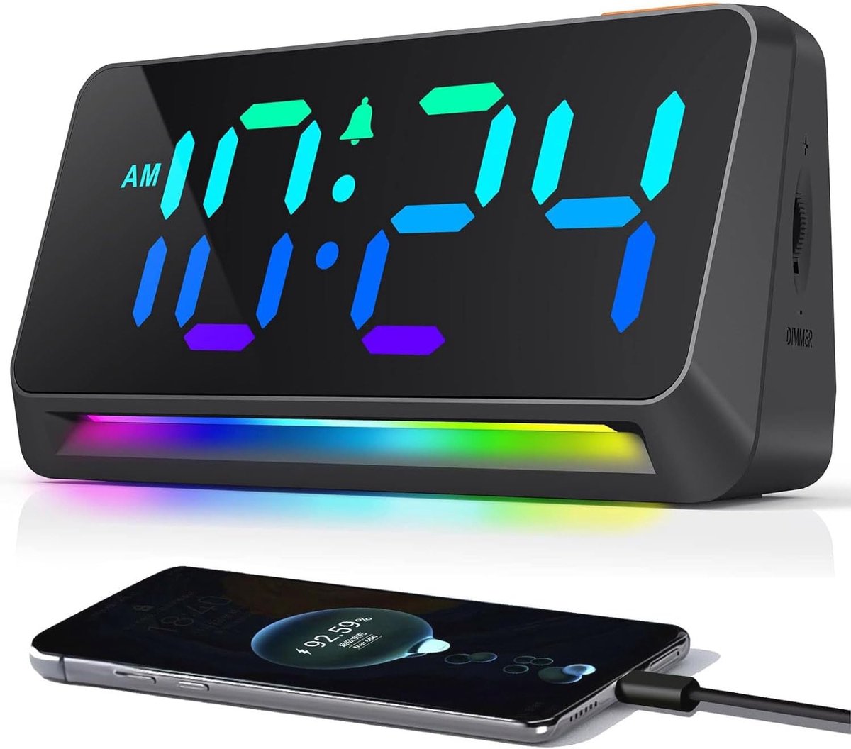 led-wekker met RGB-display, extra luid alarm (95 dB) voor diepe slapers, insteekbare nachtwekker met nachtlampje, USB-oplaadpoort en instelbare helderheid, ideaal voor kinderen