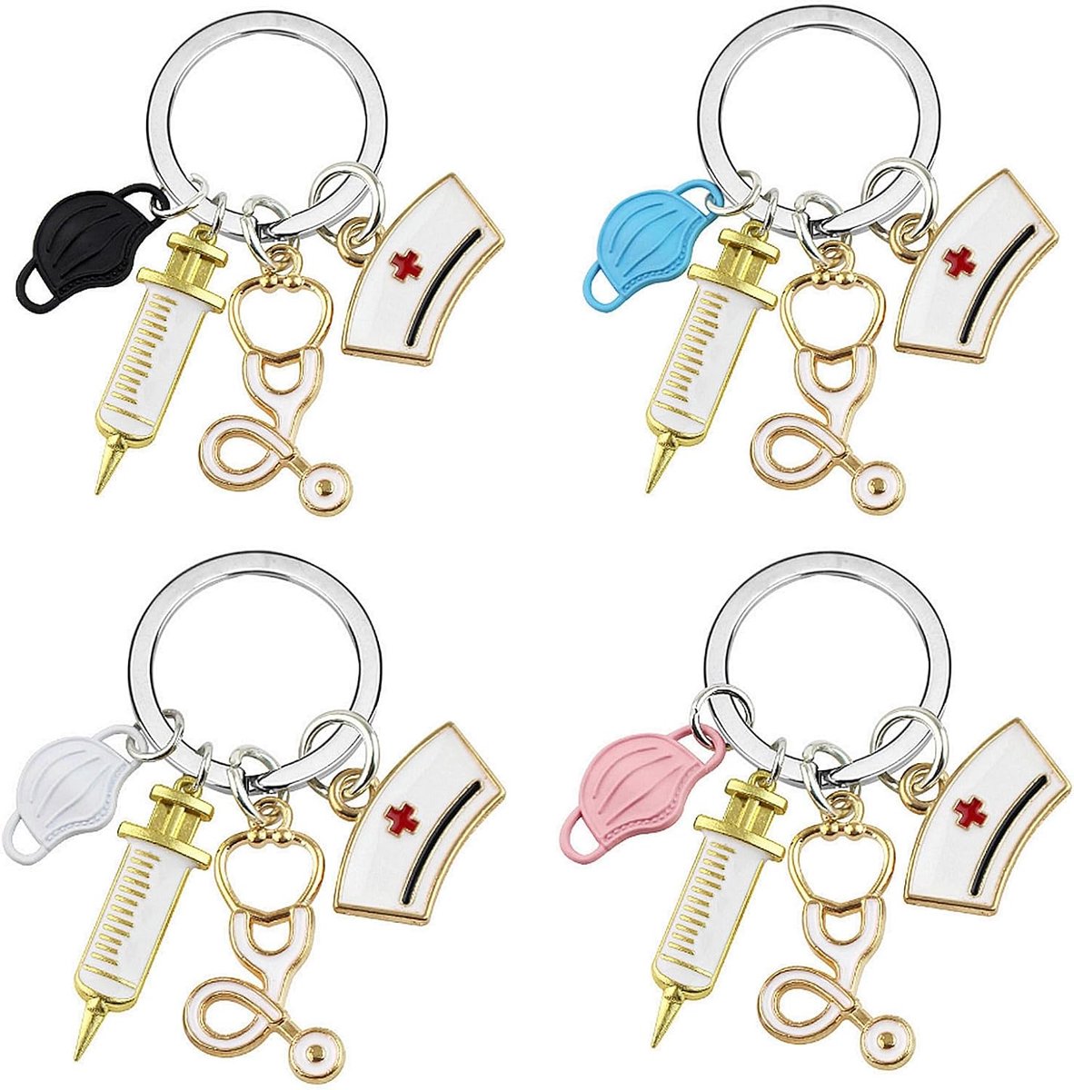 4 stuks sleutelhangers verpleegsteraccessoires, sleutelhanger, hanger, cadeau, verpleegster, sleutelhanger met spuitdop en medische verpleegster, cadeau voor dokter, verpleegster, zwart, wit,