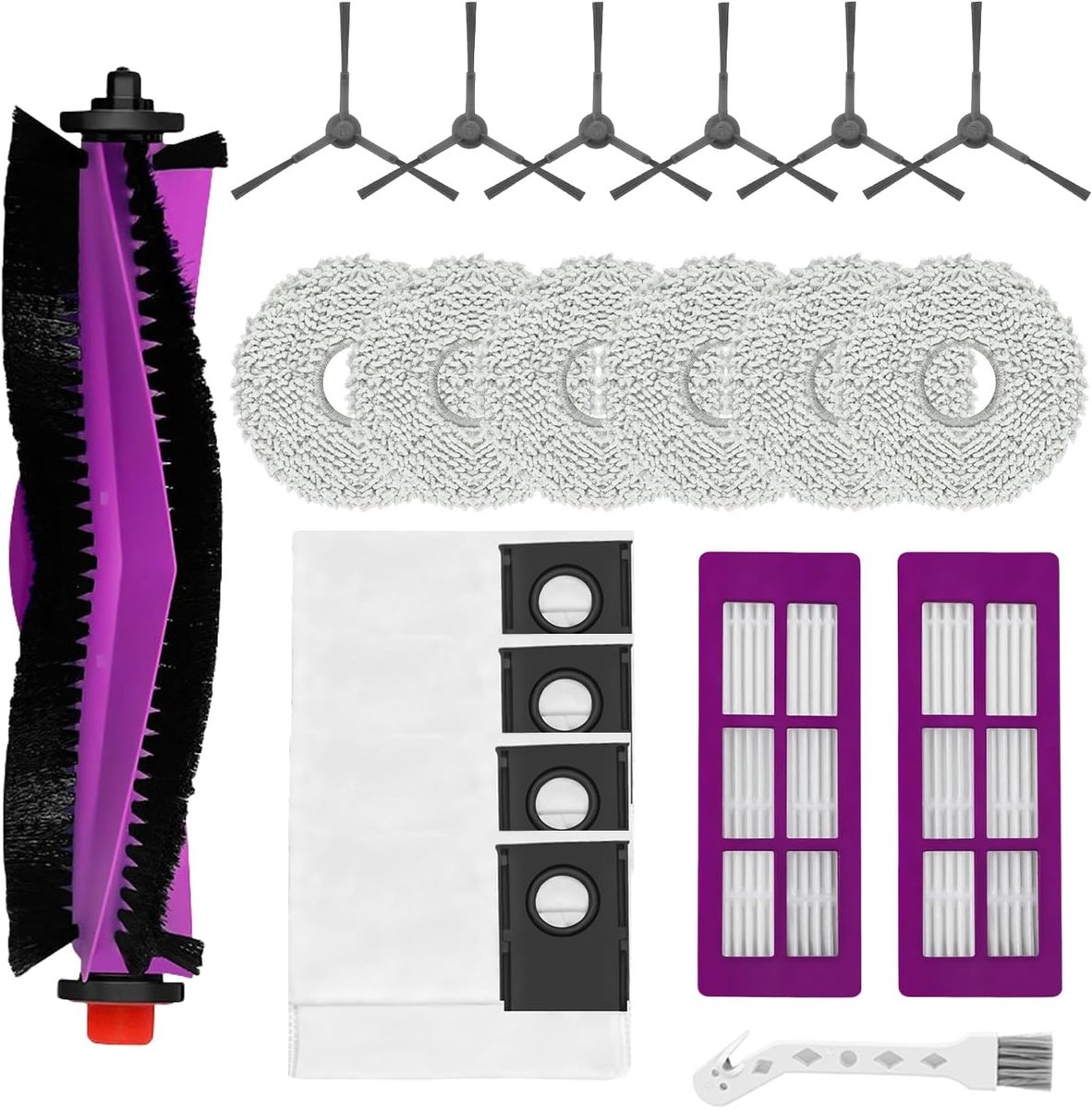 Accessoireset voor Eureka J15 Pro Ultra robotstofzuiger, 1 hoofdborstel, 6 zijborstels, 6 dweilpads, 4 stofzakken, 2 filters, 1 reinigingsborstel