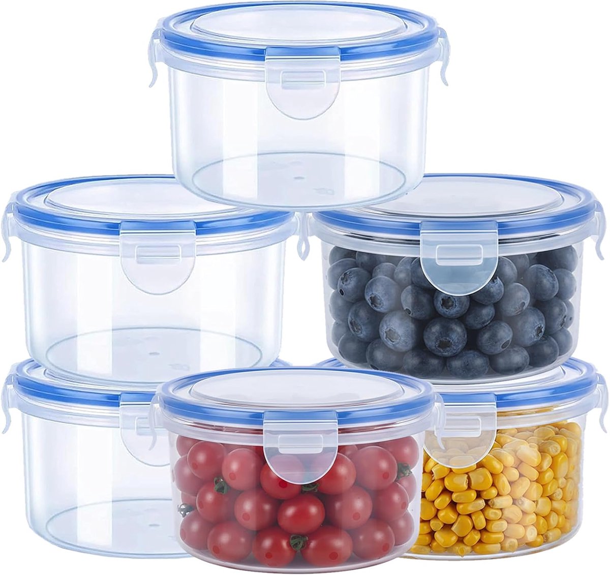 maaltijdbereidingsdozen, 6-pack 600ML vershoudblikken met deksel, ronde plastic vershoudblikken voor restjes maaltijdbereiding fruit groenten granen (blauw)