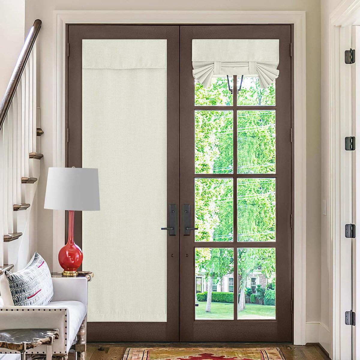 Faux linnen Franse deurgordijnen, privacy raamgordijnen paneel voor woonkamer, deur raambekleding voor slaapkamer, B 96 x L 183 cm, 1 paneel, natuurlijk