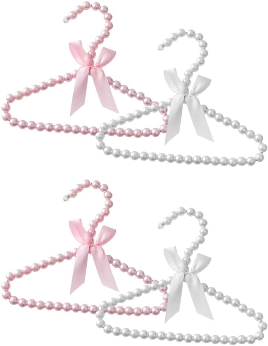 Kleerhangers met kralen, kinderkleerhangers met lint, plastic parels, babykleerhanger, broekstandaard, antislip, parelkleerhanger voor kinderen en huisdieren, 20 cm, wit + roze