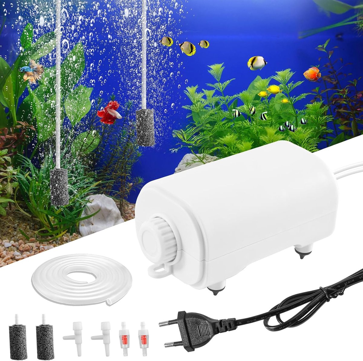 luchtpomp, regelbare luchtpomp, 400 l/u zuurstofpomp, 3,5 W dubbele aquariumluchtpomp uitgangen luchtventiel, luchtpomp-kit met aquaria-accessoires voor aquaria tot 200 l