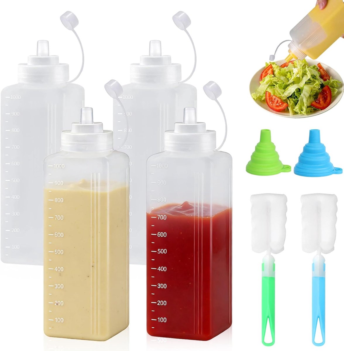 Knijpflessen brede hals, 1000 ml, sausfles met 2 flessenborstels en 2 trechters, doseerfles voor ketchup, warme sauzen, grillen, saladesauzen, olie