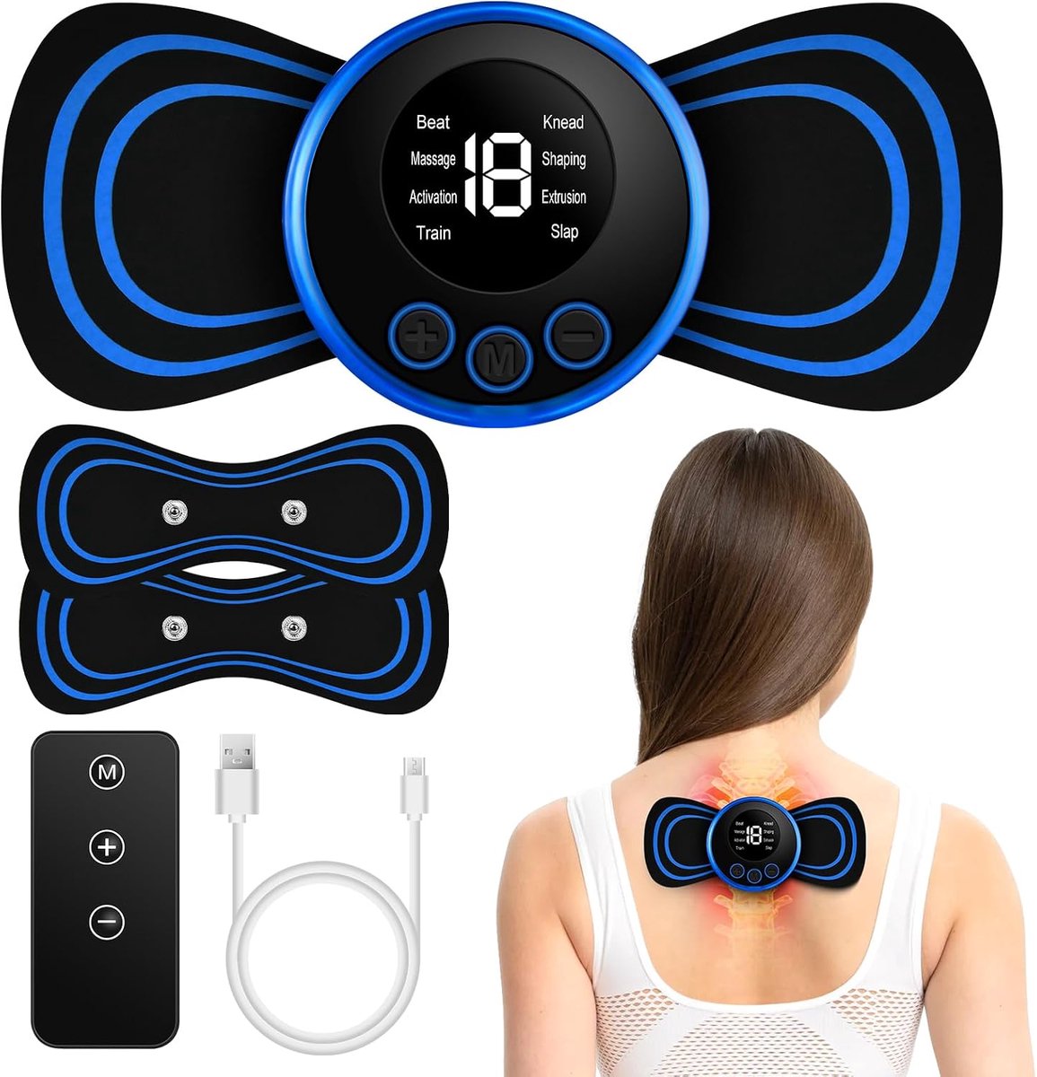 Mini nekmassageapparaat, 2 stuks draagbare en oplaadbare draadloze cervicale pad voor het hele lichaam, microstroom EMS nekmassageapparaat voor armen, rug, taille en benen [met