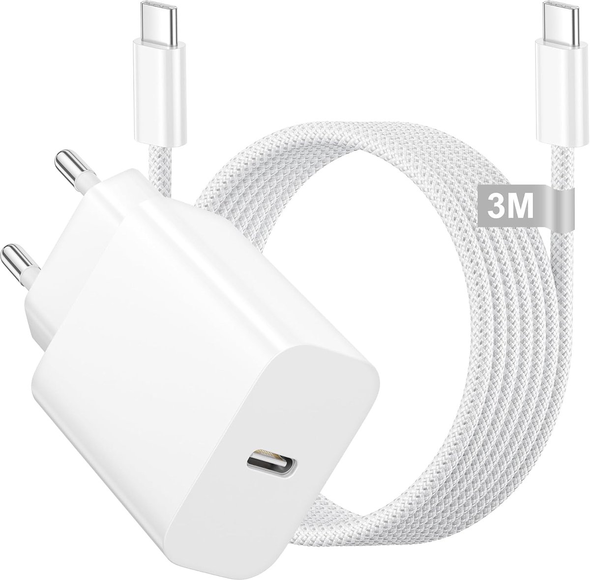 C-Oplader Oplaadkabel voor iPhone 17/Pro Max/17 Air, iPhone 16/16e/15 Pro Max, iPad Pro/Air, oplader USB C 20W Snellader iPhone-oplader USBC-Stekker met USB C-Kabel 3M, USB C-Adapter Voeding Plug